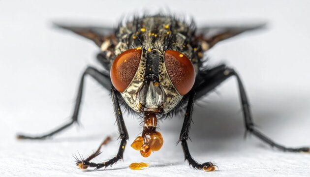 Close-up of a housefly eating.