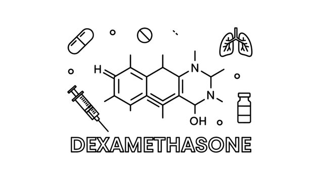 Dexamethasone chemical structure formula with medical icons, corticosteroid medication concept.