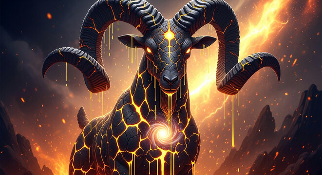 Mythical ram creature with glowing lava cracks and cosmic vortex. Fantasy beast with fiery horns and dark elemental power. Aries zodiac concept