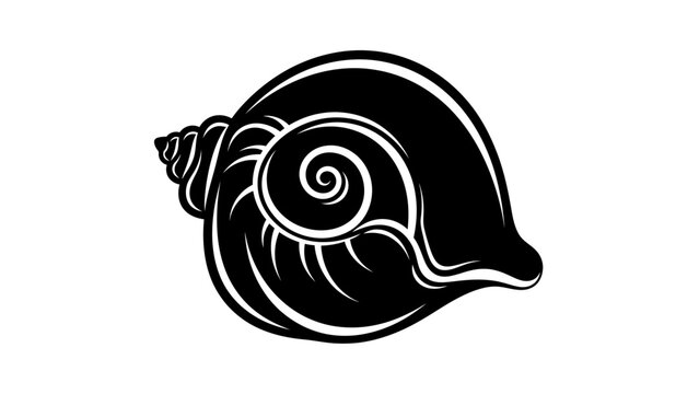 Black and white seashell icon illustration, nautilus or conch snail shell vector style.