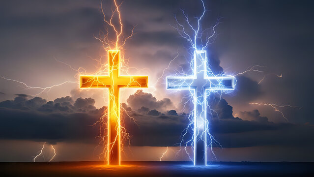 Two glowing crosses one orange and one blue against a dramatic cloudy sky good vs evil