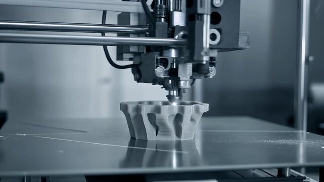 A cutting-edge 3D printer meticulously builds an intricate grey object, demonstrating advanced additive manufacturing for rapid prototyping and industrial innovation