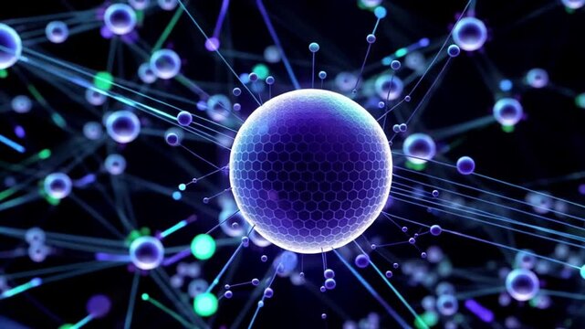 A 3D illustration of sperm and egg cells glowing in a blue space filled with fractal lines and digital energy animation tech video