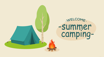 Summer camping illustration with tent campfire and welcome text © Kusum