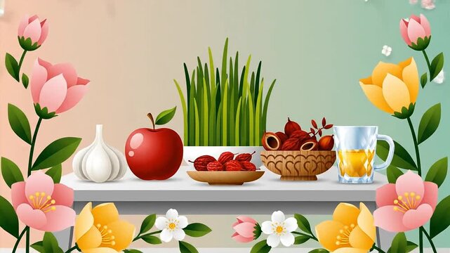 Haft Seen Table Setting for Nowruz Celebration with Traditional Items and Spring Flowers.