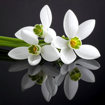 Close up of delicate white snowdrop flowers against black background