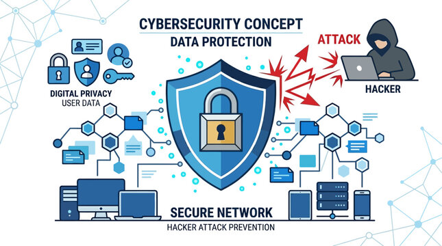 Cybersecurity concept with shield and lock.