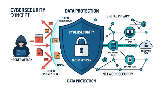 Cybersecurity concept with blue shield.