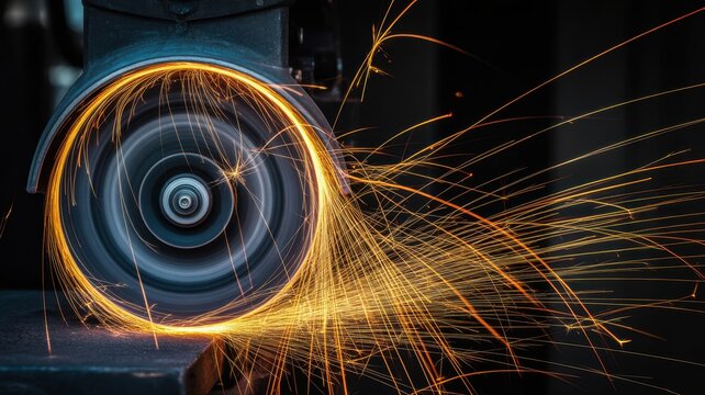 Industrial angle grinder cutting metal creating sparks
