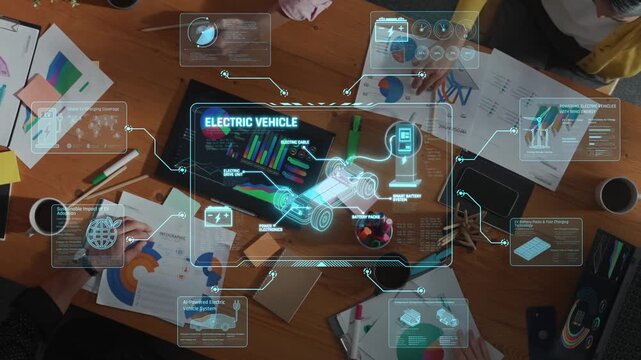 A diverse team collaborates on an electric vehicle project, exploring digital interfaces and visual data on a wooden table, fostering innovation and teamwork. Raster