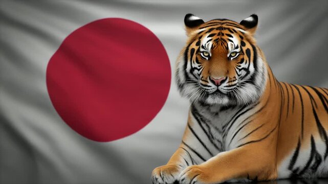 日本国旗と虎が並ぶ新年祝いのスタジオポートレート