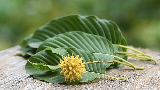 Kratom or Mitragyna speciosa Korth flower and green leaves on natural background.