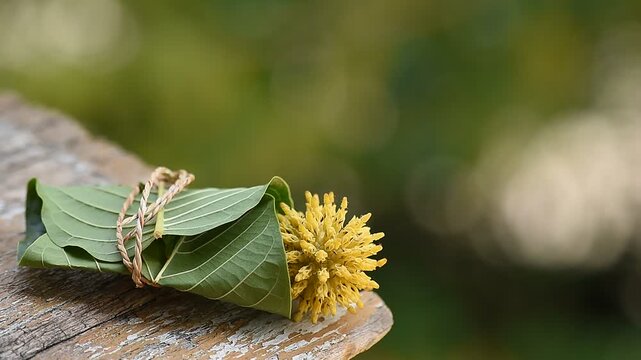 Kratom or Mitragyna speciosa Korth flower and green leaves on natural background.