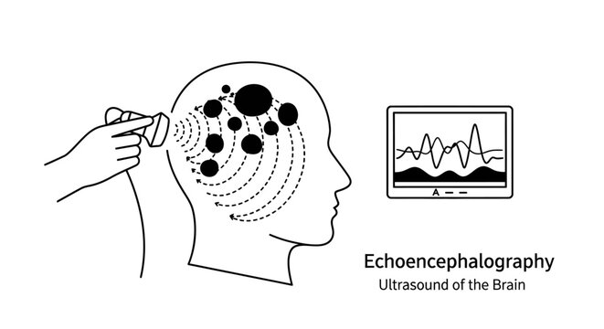 Echoencephalography (EEG) brain ultrasound procedure icon illustration in line art style.