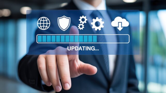 Businessman pointing at a digital screen with an ongoing system software update progress bar
