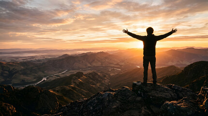 Fototapeta premium Man with arms outstretched on a mountain at sunrise