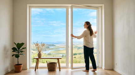 Obraz premium Woman opening a large window to a scenic view