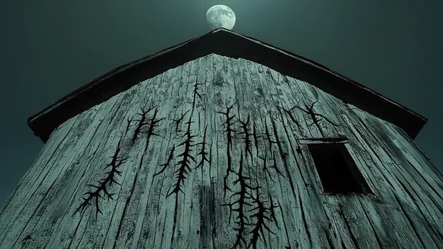 Wooden building with dark, etched lines under a full moon