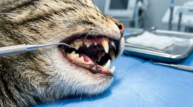 Close up of cat mouth with dental probe examining teeth examination