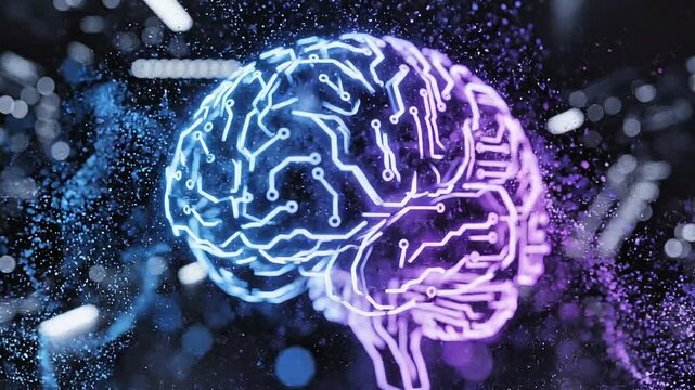 A clean vector icon of a human brain formed by glowing circuit lines, floating in a dark futuristic environment, soft neon blue and purple gradients, subtle particle animation, slow rotation