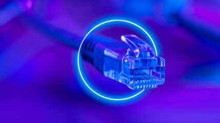 Ethernet cable connector rests inside a glowing blue neon circle.
