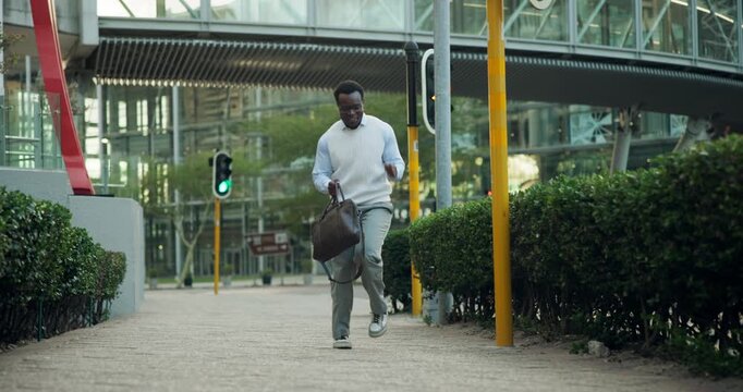 Dance, happy and black man in city on commute for promotion, job opportunity and success. Corporate, professional and excited person in urban town for celebration, business achievement and victory