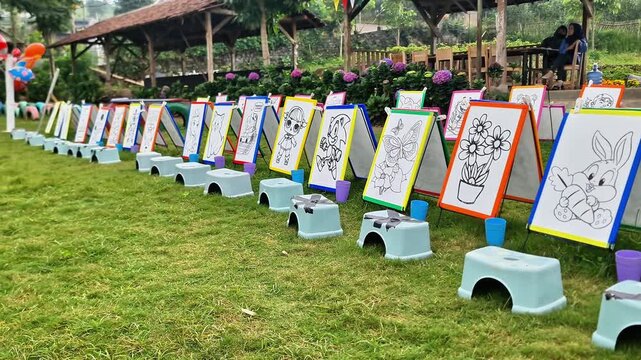 Malang, Indonesia - 3 May, 2026: Outdoor Kids Painting and Coloring Activity in a Grassy Family Park