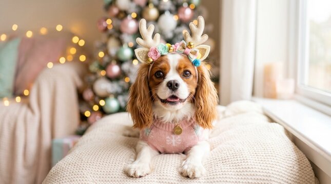 Cute dog wearing festive headband with soft pastel background, social media friendly style