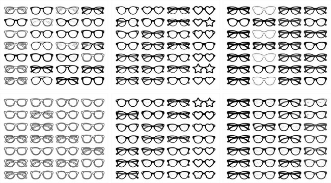Black Silhouette and Outline Sunglasses and Eyeglasses Collection Set with Various Frame Shapes for Fashion and Optical Design