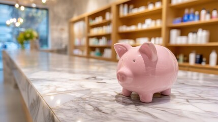 Obraz premium Cute pink piggy bank on marble counter with modern retail display in blurred background, saving money concept