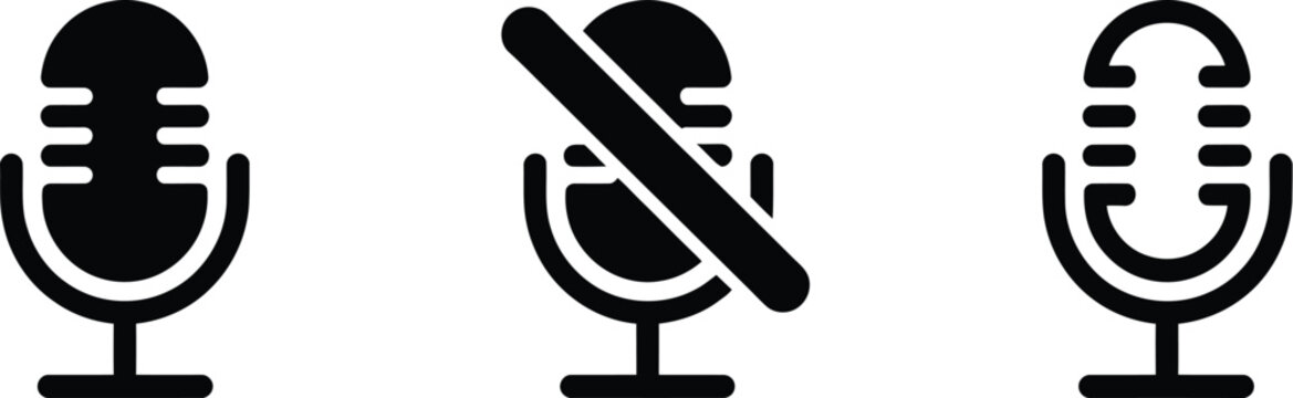 Microphone mute icon set, icons showing mute and unmute status for audio control voice communication and streaming interface design.