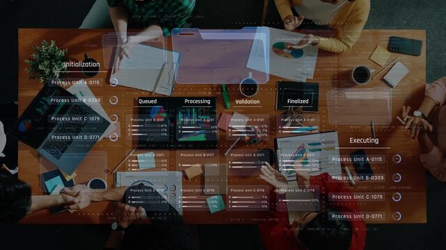 A modern office scene showcasing team collaboration around a digital workspace. The image features data processing visuals and project management tools, emphasizing productivity. Raster