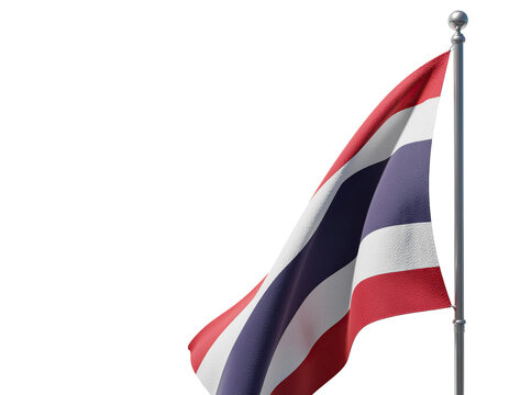 Thai Flag Waving on a Pole Against a White Background