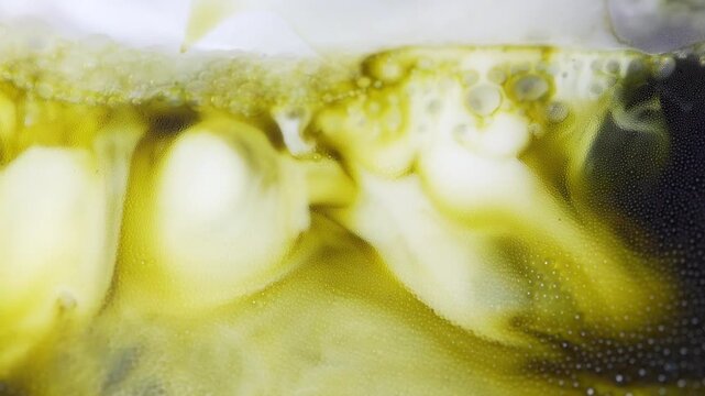 4K stunning macro shot concentrated green tea matcha swirling into fresh milk inside glass with condensation, Marbling effect of matcha latte refreshment healthy beverage trends.