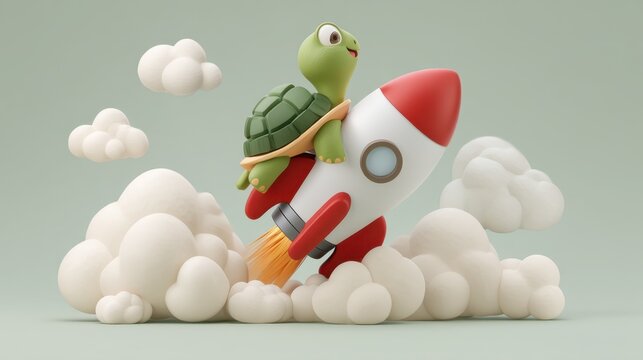 Playful turtle astronaut launching into space from a cartoon rocket with fluffy clouds in a whimsical setting