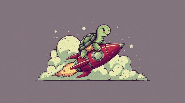 Cute cartoon turtle riding a colorful rocket ship through the clouds in a whimsical and fun space adventure scene