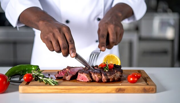 A chef cuts meat on a wooden board with vegetables