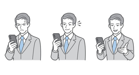 ビジネスマンのポーズ3点SET（スマートフォン・怒り・ひらめき・案内・操作） © keko-ka