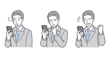 ビジネスマンのポーズ3点SET（スマートフォン・驚き・ショック・考え中・成功・ガッツポーズ） © keko-ka