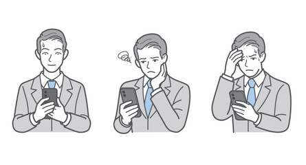 ビジネスマンのポーズ3点SET（スマートフォン・冷や汗・焦り・落胆・悩み・後悔・失敗） © keko-ka