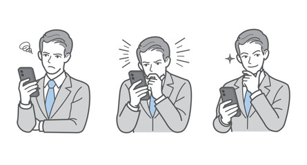 ビジネスマンのポーズ3点SET（スマートフォン・不満・腕組み・凝視・真剣・納得・解決） © keko-ka