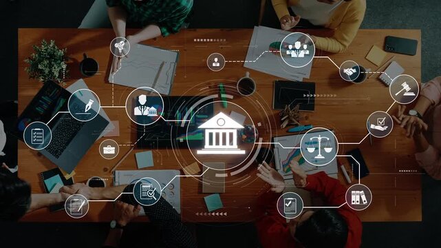 A dynamic overhead view of a collaborative business meeting showcasing diverse professionals engaged in discussions, surrounded by legal icons and digital tools for teamwork. Raster