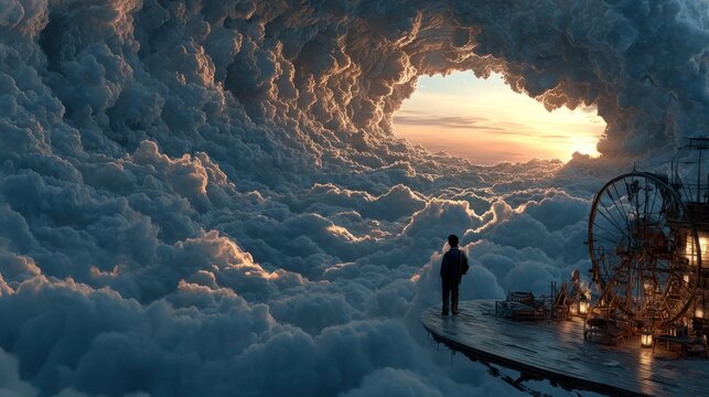 A person gazes at the sun through a cloud tunnel, steam engine