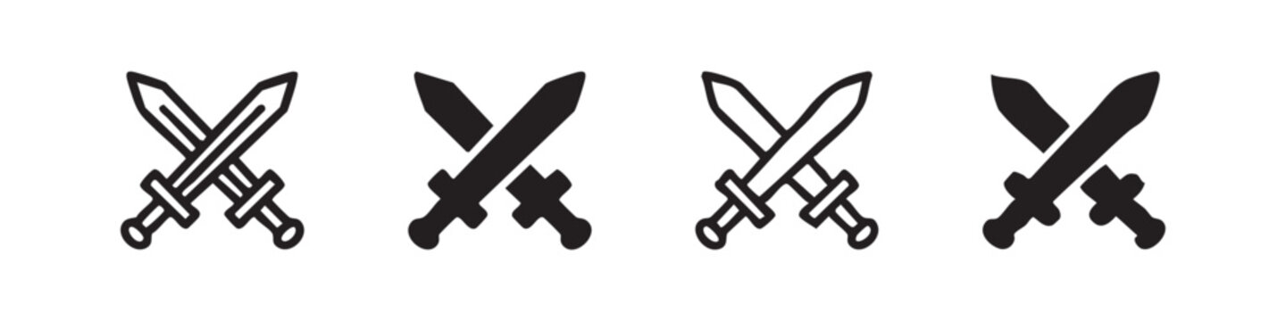 Crossed swords icon set with outline and solid hand-drawn styles