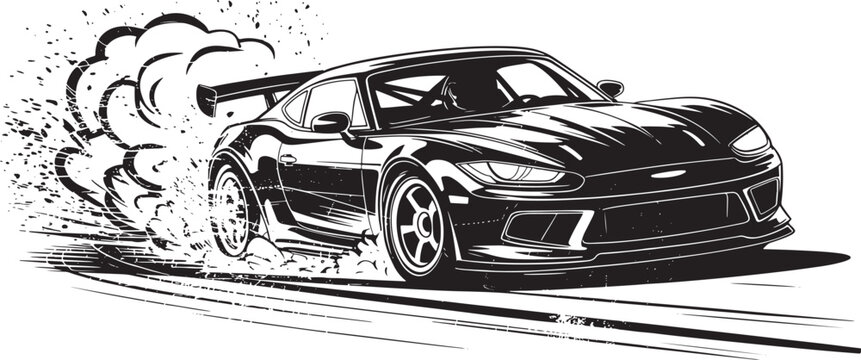 Black sports car speeding with smoke from tires on road track