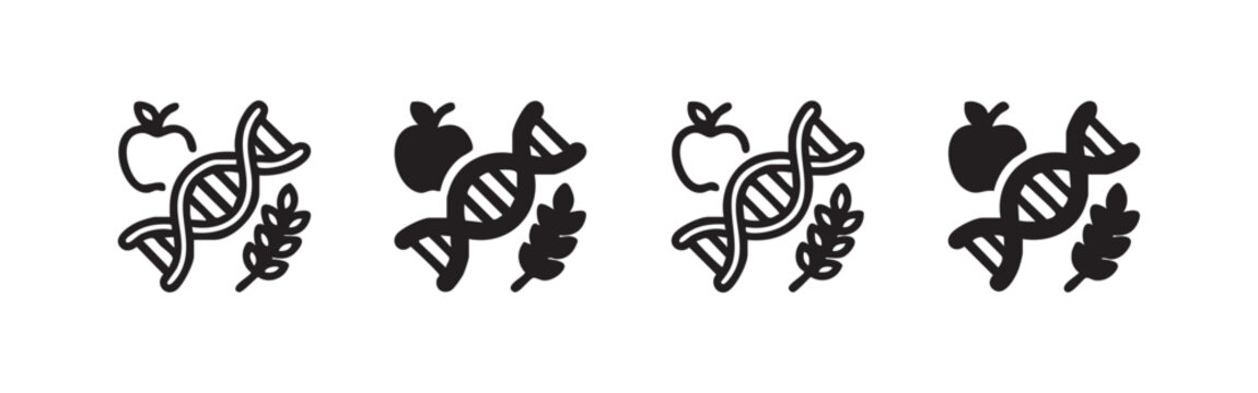 GMO Food Icons with DNA Helix Apple and Wheat Representing Food Science