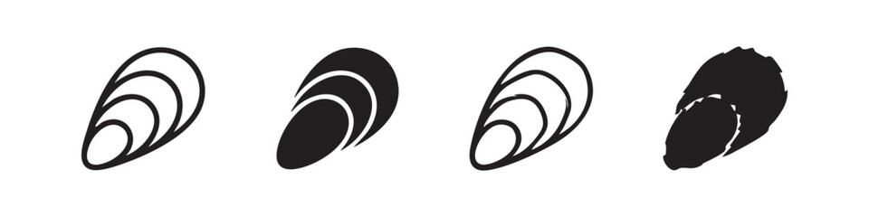 Mussel or Oyster Seashell Icons Set Silhouette and Outline Vector Graphic © liubomir118809
