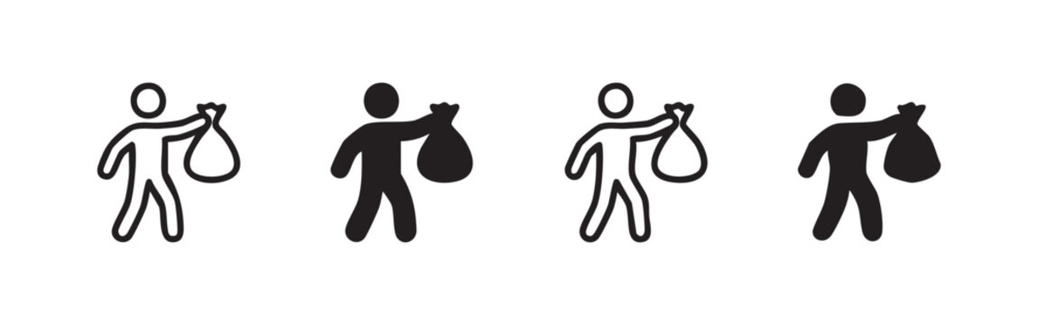 Person Carrying Trash Bag Icons Set for Waste Disposal and Cleaning Vector