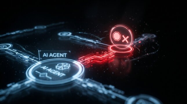 Futuristic AI agents network with glowing connections and error icons representing system failure