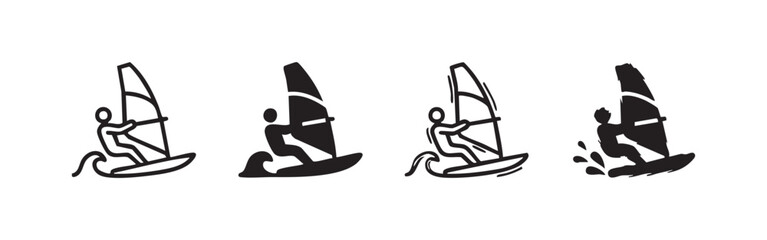 Obraz premium Windsurfing Water Sport Icons with Person Sailing on Ocean Waves